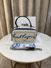 Karl Lagerfeld Simone Top Handle Leather Small Camera Sling Bag With OG Box & Dust Bag (White Blue KB027-2)